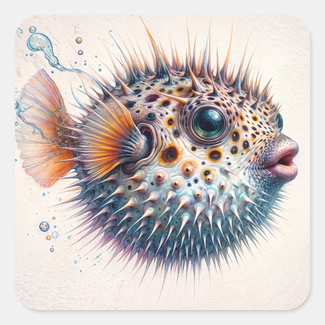 Pegatina Cuadrada Cute Pufferfish Sea Life Art (Anverso)