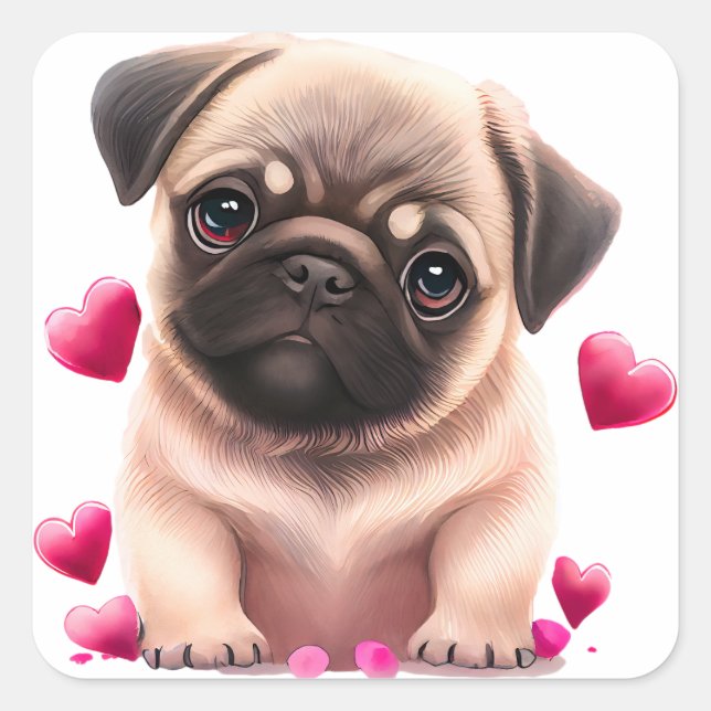 Pegatina Cuadrada Cute Pug Dog Valentine (Anverso)