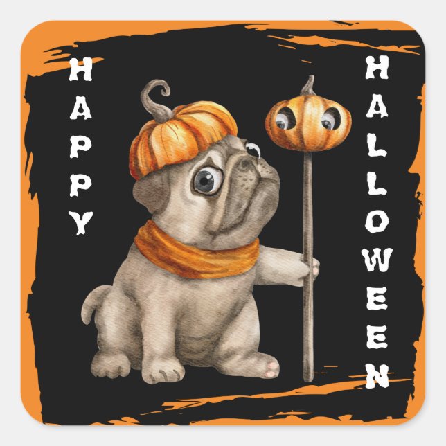 Pegatina Cuadrada Cute Pug Puppy Kids Halloween (Anverso)