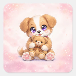 Pegatina Cuadrada Cute Puppy Hugging Teddy Bear Square Sticker