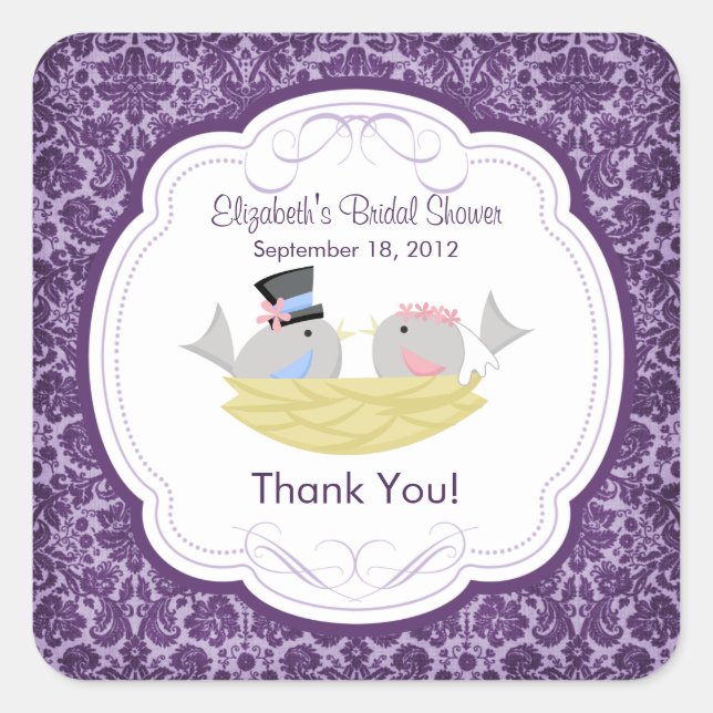 Pegatina Cuadrada Cute Purple Love Birds Bridal Shower Square (Anverso)
