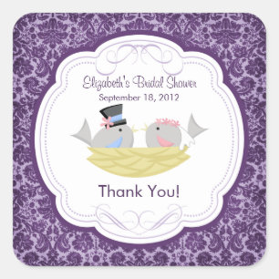 Pegatina Cuadrada Cute Purple Love Birds Bridal Shower Square