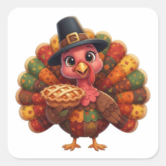 Pegatina Cuadrada Cute Quilted Patchwork Turkey | Pilgrim Hat Pie