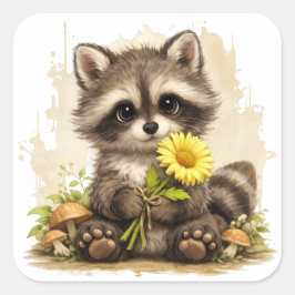 Pegatina Cuadrada Cute Raccoon Flower Sticker Kawaii