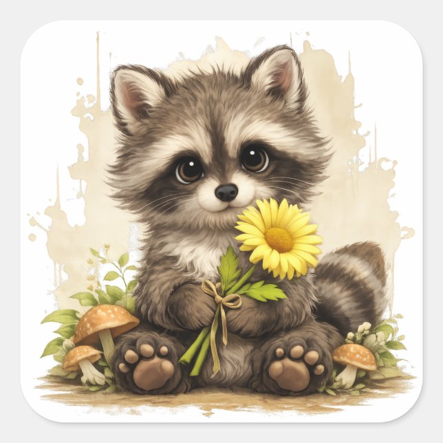 Pegatina Cuadrada Cute Raccoon Flower Sticker Kawaii (Anverso)