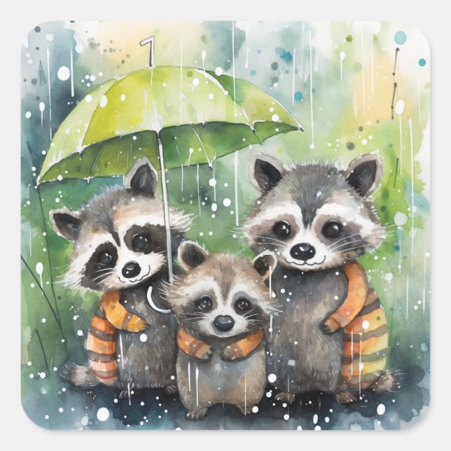 Pegatina Cuadrada Cute Raccoons in the Rain (Anverso)
