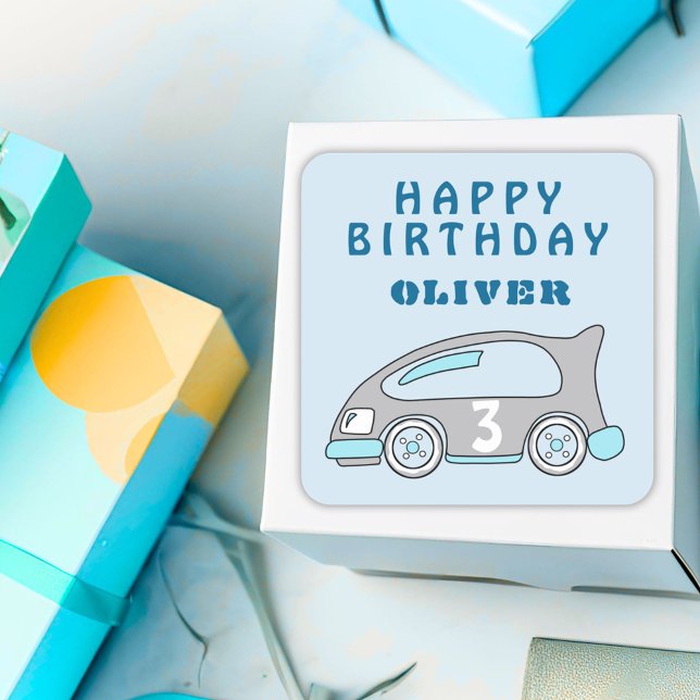 Pegatina Cuadrada Cute Race Car Blue Boy Feliz cumpleaños (Subido por el creador)