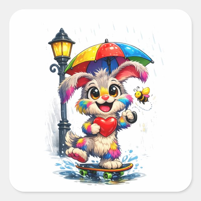 Pegatina Cuadrada Cute Rainbow Bunny with Umbrella Design (Anverso)