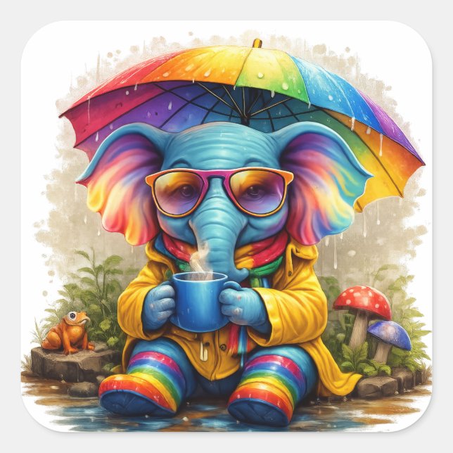 Pegatina Cuadrada Cute Rainbow Elephant Sticker – Cozy Kawaii (Anverso)