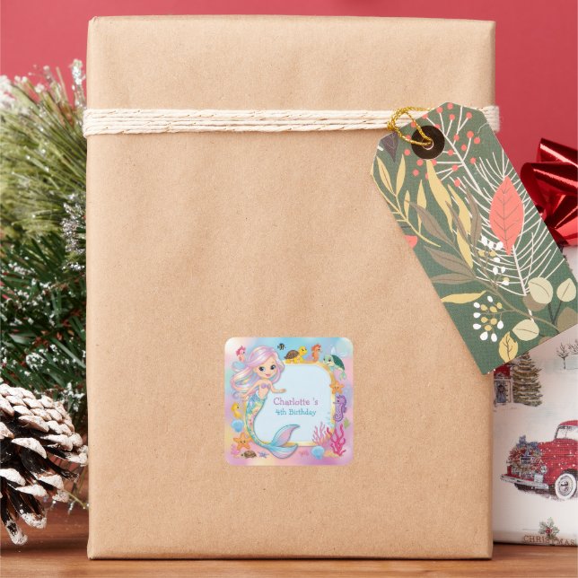 Pegatina Cuadrada Cute Rainbow mermaid fish estrella de caballito de (Vacaciones)