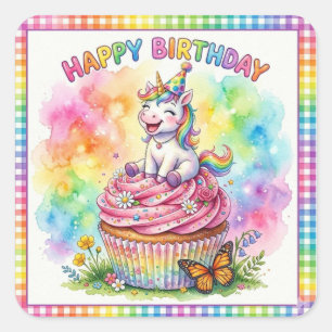 Pegatina Cuadrada Cute Rainbow Unicorn Cupcake Feliz Cumpleaños