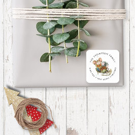 Pegatina Cuadrada Cute ratón Sleigh Nombre Feliz Navidad