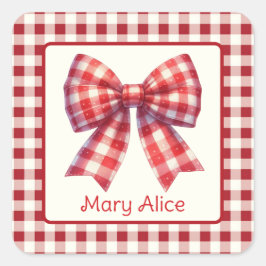 Pegatina Cuadrada Cute Red and Cream Gingham Bow