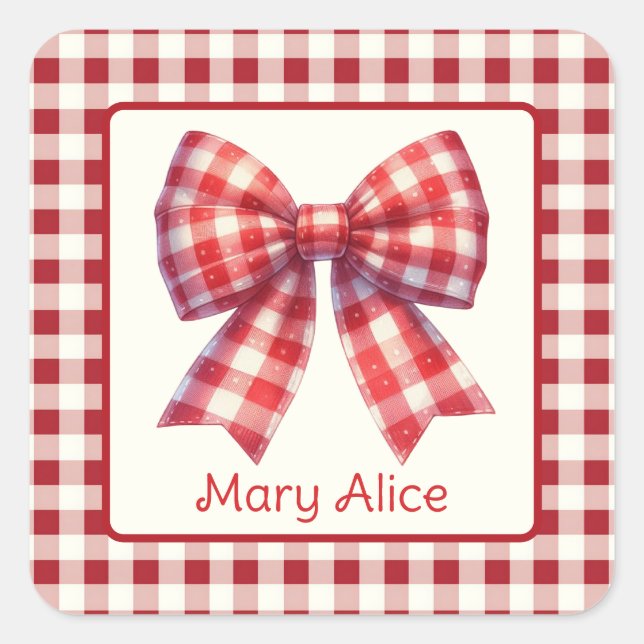 Pegatina Cuadrada Cute Red and Cream Gingham Bow (Anverso)