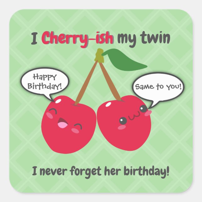 Pegatina Cuadrada Cute Red Cherry Kawaii Gemelos Cumpleaños (Anverso)