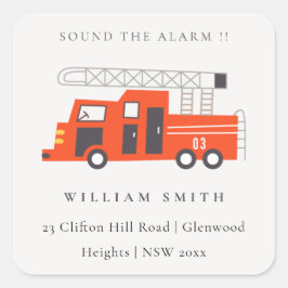 Pegatina Cuadrada Cute Red Firetruck Engine Niños Dirección de Cumpl
