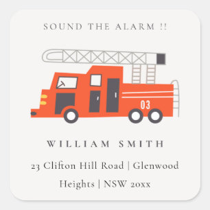 Pegatina Cuadrada Cute Red Firetruck Engine Niños Dirección de Cumpl