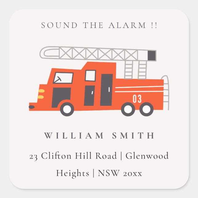 Pegatina Cuadrada Cute Red Firetruck Engine Niños Dirección de Cumpl (Anverso)