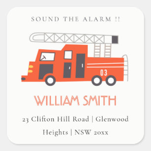 Pegatina Cuadrada Cute Red Firetruck Engine Niños Dirección de Cumpl