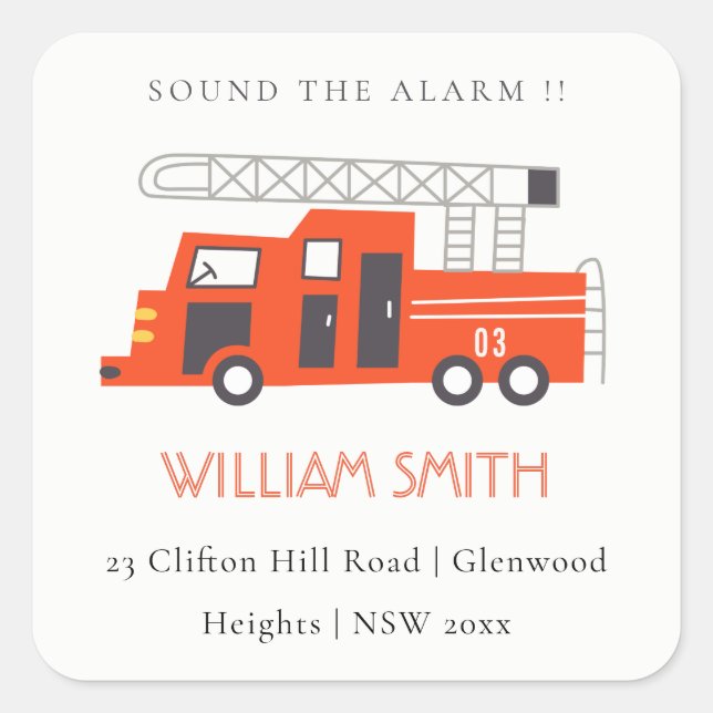 Pegatina Cuadrada Cute Red Firetruck Engine Niños Dirección de Cumpl (Anverso)