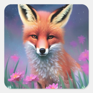 Pegatina Cuadrada Cute Red Fox Floral Fantasy Art