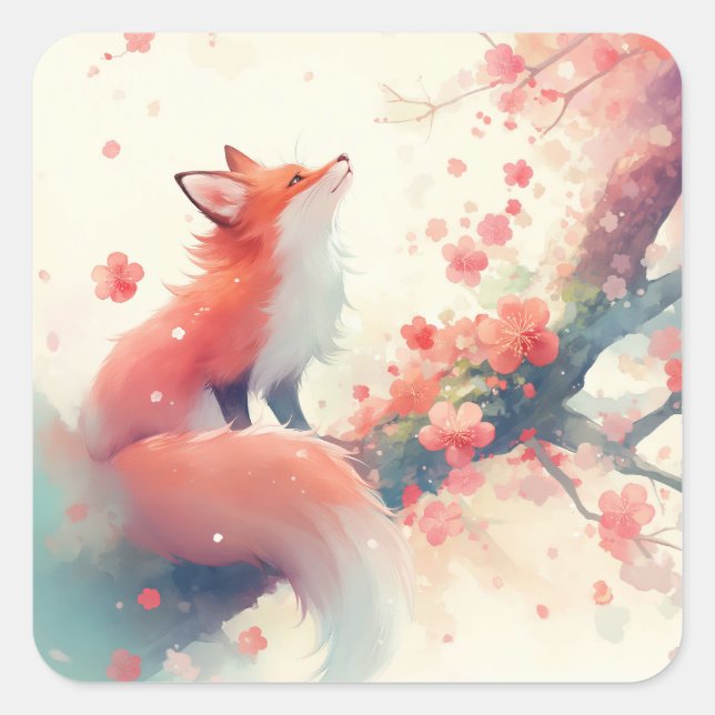 Pegatina Cuadrada Cute Red Fox Under Pink Cherry Blossom Tree (Anverso)