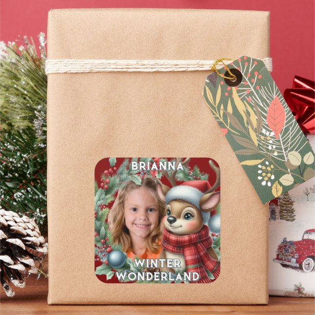 Pegatina Cuadrada Cute Reindeer Christmas Holiday Wreath  (Vacaciones)