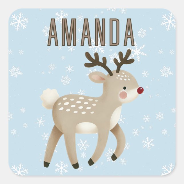 Pegatina Cuadrada Cute Reindeer Snowflakes Kids Name Christmas (Anverso)