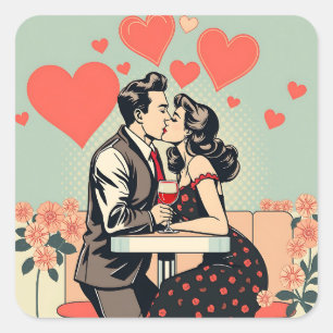 Pegatina Cuadrada Cute Retro Pareja besando corazones de arte pop