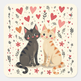 Pegatina Cuadrada Cute Retro Valentine Cats