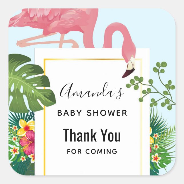 Pegatina Cuadrada Cute rosa Flamingo Tema tropical Baby Shower (Anverso)