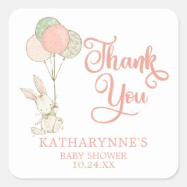 Pegatina Cuadrada Cute Rosa Rustic Bunny Baby Shower Gracias