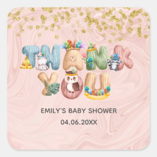Pegatina Cuadrada Cute Rose Gold Mármol Baby Shower Animal Agradecim