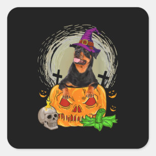 Pegatina Cuadrada Cute Rottweiler Witch Pumpkin Halloween Perro Love