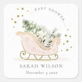 Pegatina Cuadrada Cute Rubor Pink Gold Winter Sleigh Baby Shower