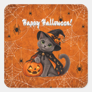 Pegatina Cuadrada Cute Russian Blue Cat Witch Halloween