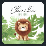 Pegatina Cuadrada Cute Safari Lion Birthday<br><div class="desc">Celebrate your little one's birthday with this adorable safari-themed! Featuring a hand-drawn watercolor lion surrounded by lush jungle leaves,  this charming design is perfect for a fun and wild birthday party. Personalize with your event details and make your child's special day unforgettable!</div>