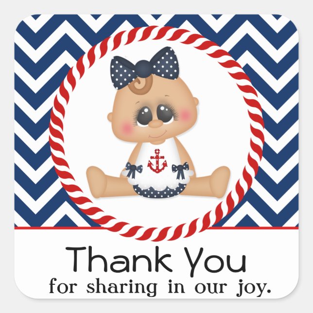 Pegatina Cuadrada Cute Sailor Chica Nautical Baby Shower (Anverso)