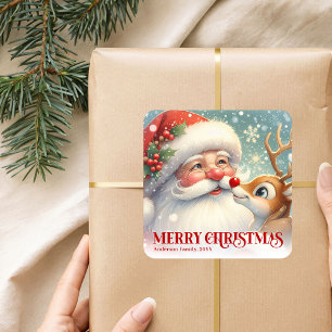 Pegatina Cuadrada Cute Santa Claus Rudolph Personalizado Fiesta de N