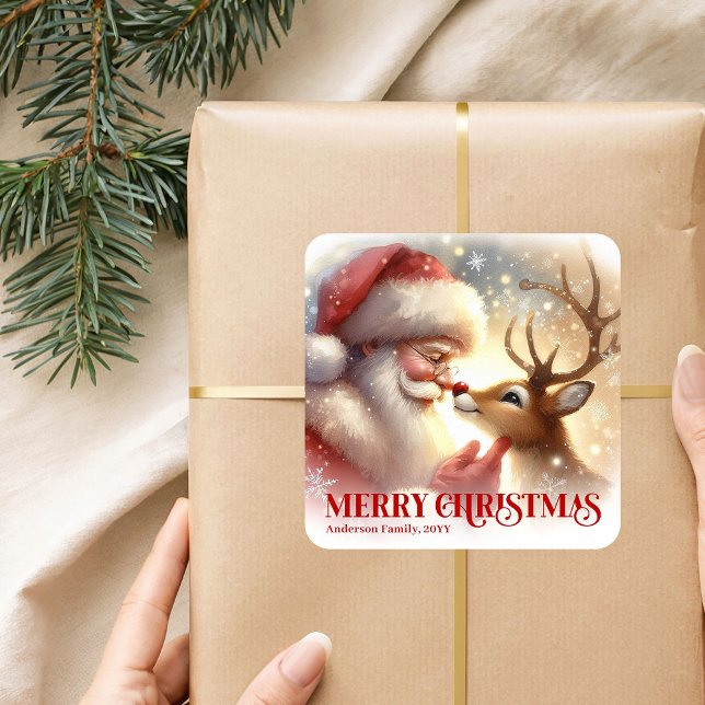 Pegatina Cuadrada Cute Santa Claus Rudolph Personalized Holiday Kids (Cute Santa Claus Rudolph Personalized Holiday Kids Gift Sticker

)