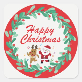 Pegatina Cuadrada Cute Santa & Rudolph Christmas Sticker