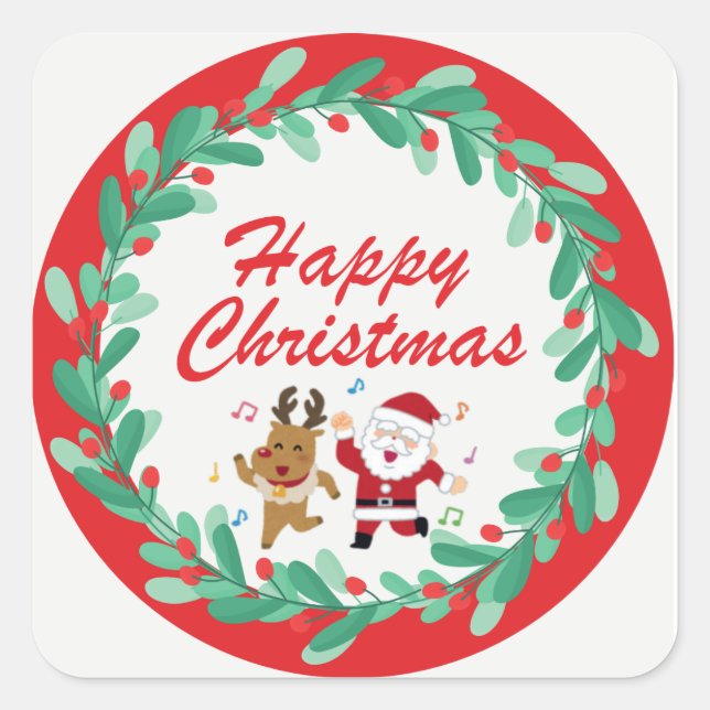 Pegatina Cuadrada Cute Santa & Rudolph Christmas Sticker  (Anverso)