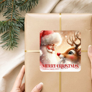 Pegatina Cuadrada Cute Santa y Rudolph Personalizados para Niños en