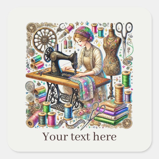 Pegatina Cuadrada Cute sewing lovers add text (Anverso)