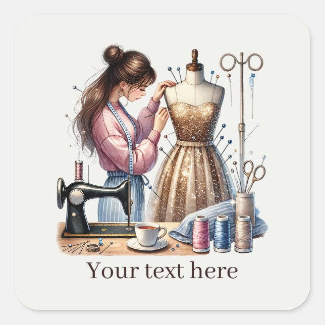 Pegatina Cuadrada Cute sewing lovers add text  (Anverso)