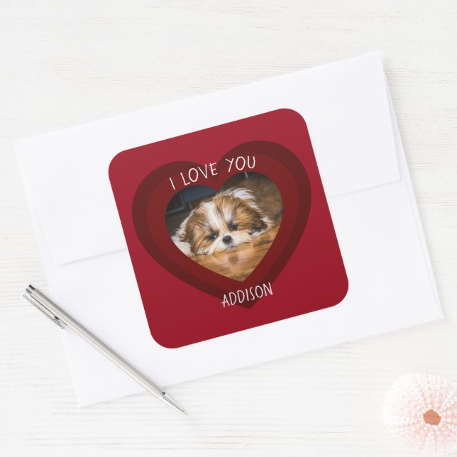 Pegatina Cuadrada Cute shih tzu love Valentine heart photo (Sobre)
