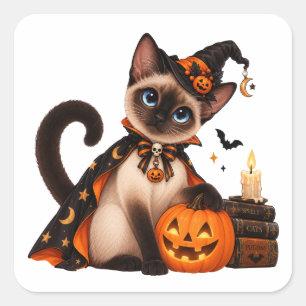 Pegatina Cuadrada Cute Siamese Cat Witch Halloween