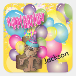 Pegatina Cuadrada Cute Silly Monkey Yellow Birday Party