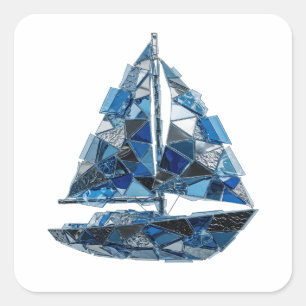 Pegatina Cuadrada Cute Silver BARCO DE VELA DE VIDRIO AZUL Sticker
