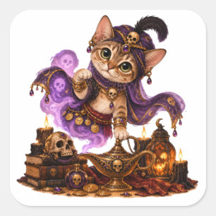 Pegatina Cuadrada Cute Singapore Cat Genie Halloween